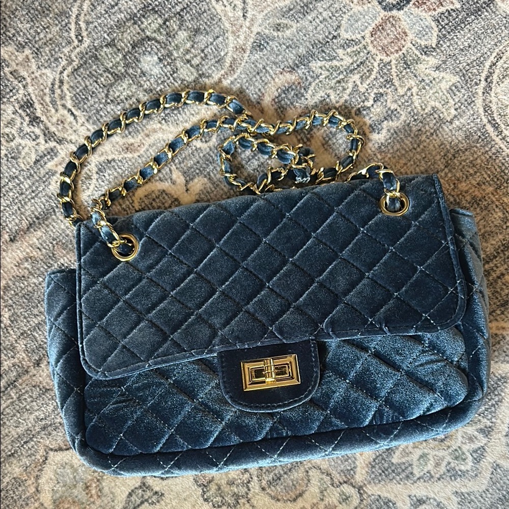 Hope's Navy Quilted Shoulder Bag with Gold Accents